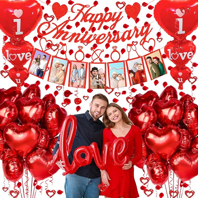 Happy Anniversary Decorations Set - Happy Anniversary Banner and Balloons, Photo Banner, I Love You and Red Heart Balloons with Rose Petals for Weddings, Valentine's Day and Anniversaries