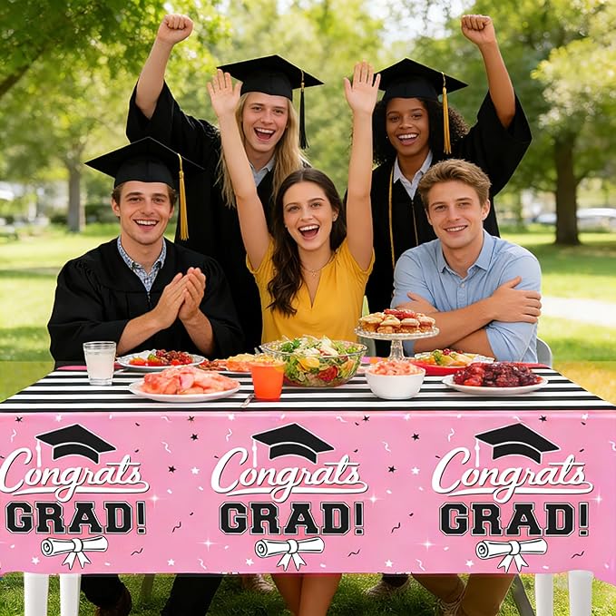 7-Pack Graduation Party Decorations Set, 3 Pink Graduation Tablecloths 54x108in, 2026 And GRAD Balloons, 2 Foil Fringe Curtains for High School College Graduation Party Photo Booth