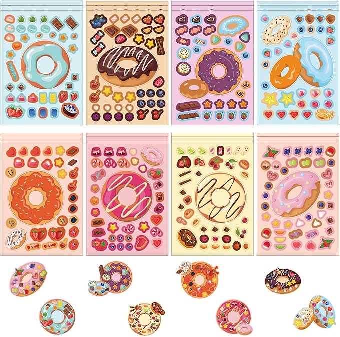 24 Sheets Donut Make a Face Sticker Sheets for Kids Todders Activities, Make Your Own Stickers for Kids Birthday Party Favor Supplies Craft