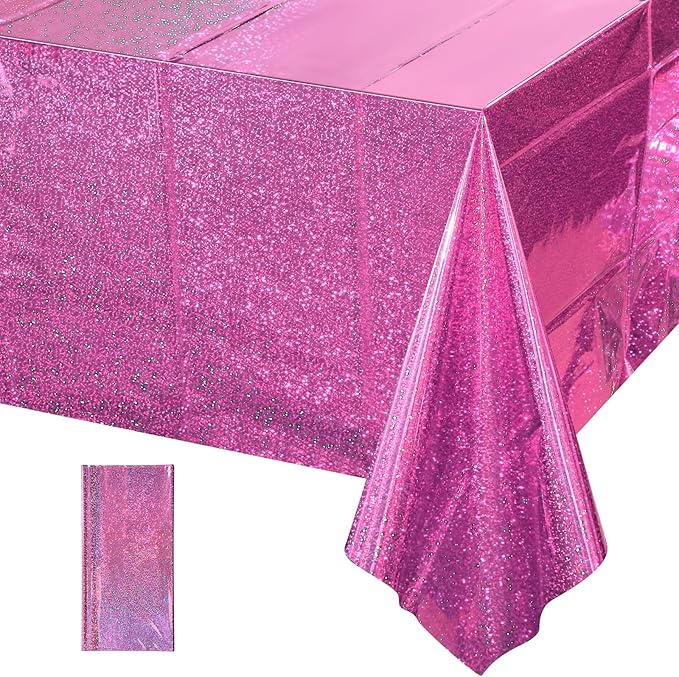 1 Pack Iridescence Plastic Tablecloths Shiny Disposable Laser Rectangle Table Covers Holographic Foil Tablecloth Iridescent Kpop Birthday Bridal Wedding Christmas Party Decoration, 54" x 108" (Pink)