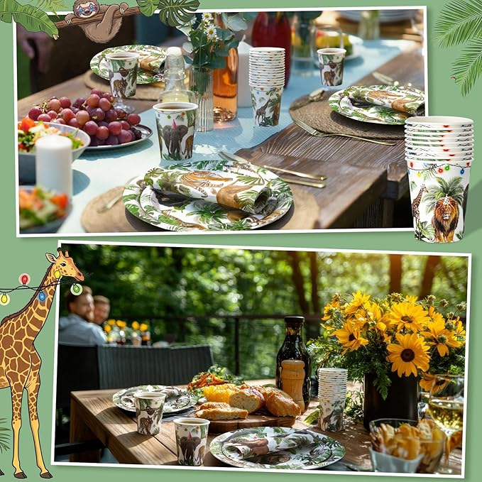 Pickmesh 250 Pcs Jungle Birthday Party Supplies Decorations Serve 50 Safari Animals Disposable Paper Plates Napkins and Cups Jungle Wild Animals Zoo Safari Baby Shower Birthday Wedding Party Supplies