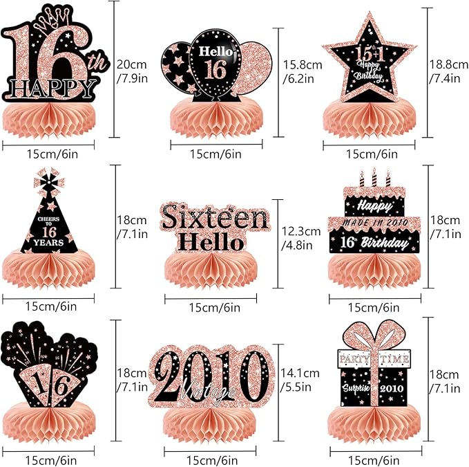 9Pcs Rose Gold Sweet 16 Birthday Decorations Honeycomb Centerpieces for Girls,Pink Happy 16th Birthday Centerpieces Tables Toppers Party Decorations Supplies 16th Table Sign Decor