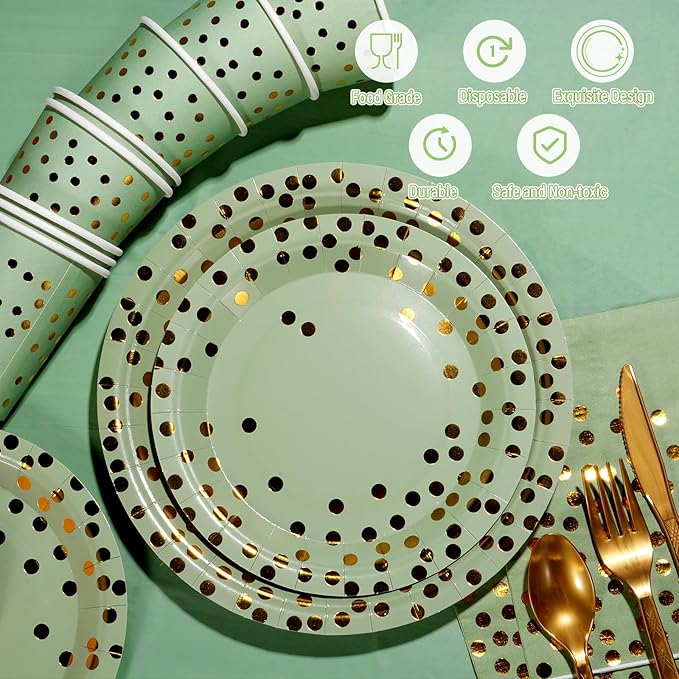 175pcs Sage Green Paper Plates and Napkins Set, Disposable Sage Green and Gold Polka Dot Party Plates Cups For Baby Shower Birthday Wedding Party Supplies and Decorations, Serve 25