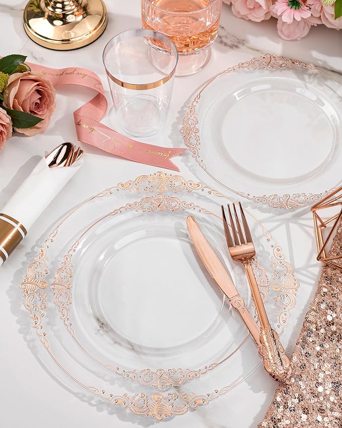 Nervure 350PCS Rose Gold Plastic Plates - Rose Gold Plastic Dinnerware Sets for 50 Guests - 100 Disposable Plates, 150 Silverware, 50 Cups, 50 Napkins Perfect for Wedding & Party & Easter