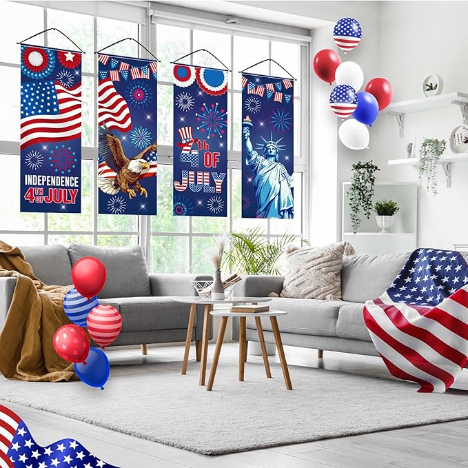 Panelee 4 Pcs 4th of July Decorations Patriotic American Flag Eagle Porch Banner Independence Day Hanging Banner Porch Signs for Independence Memorial Veterans Day Wall Indoor Outdoor Decor(Patriotic)