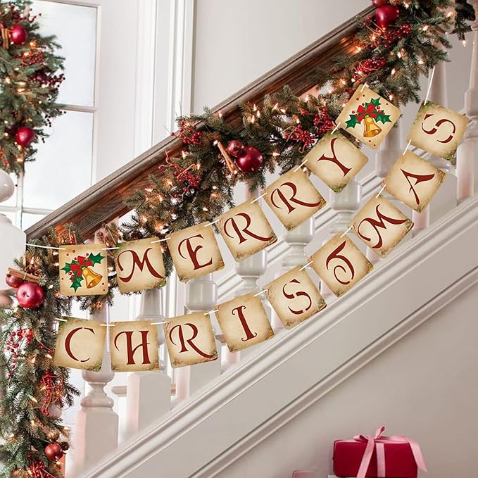 Vintage Merry Christmas Banner Decorations - Retro Nostalgic Traditional Old Fashioned Victorian Xmas Bunting Garland for Indoor/Outdoor Party Supplies, Home, Office, Classroom, Fireplace and More