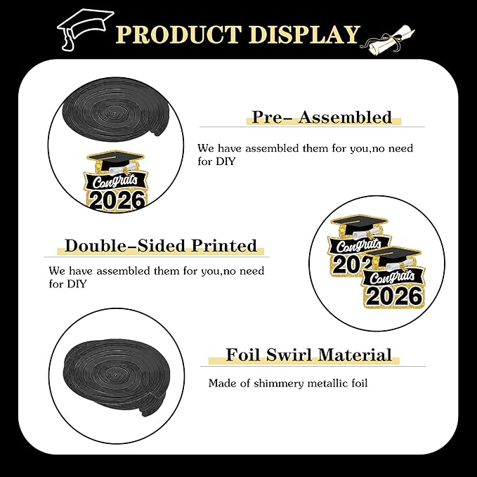 Class of 2026 Graduation Decorations Black and Gold Party Supplies Kit, Include Congrats Grad Banner, Foil Fringe Curtain,Tablecloth,Balloon Arch, Hanging Swirls for High School College