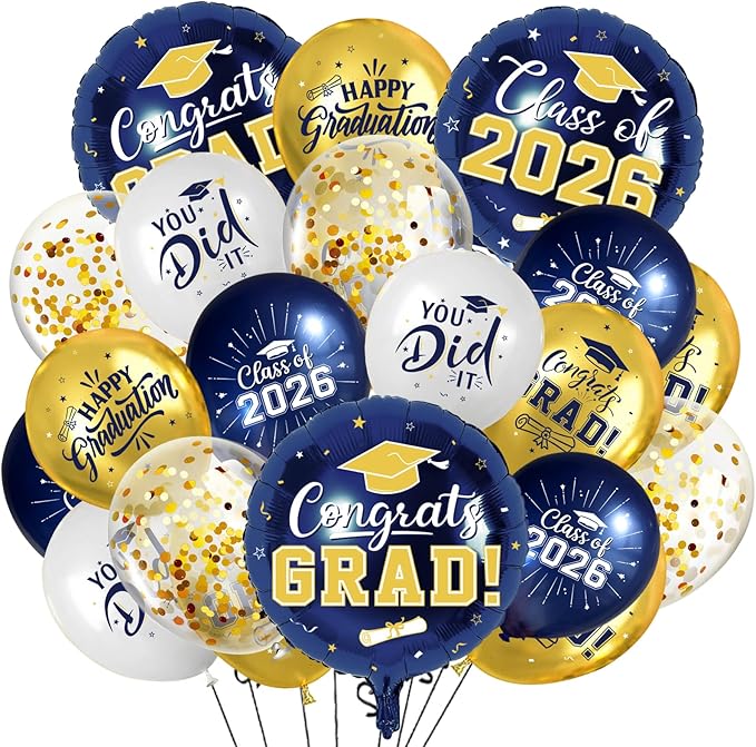 Navy Blue and Gold Graduation Balloons Graduation Decorations 2026, 51Pcs Grad Latex Balloons and Grad Foil Balloon with Confetti Ribbons Grad Party Decorations for College High School