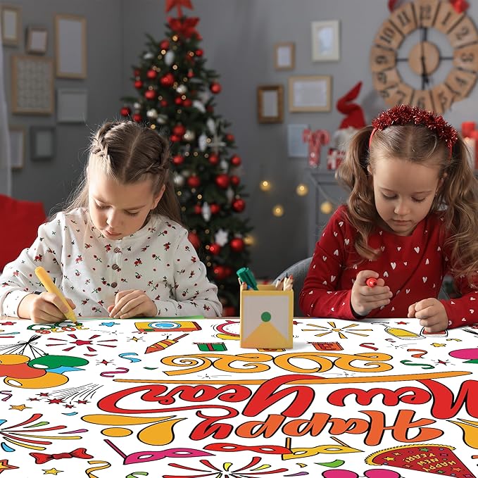 OHOME Happy New Year Giant Coloring Poster/Tablecloth - New Years Decorations 2026-30 x 72 Inches Jumbo Coloring Banner Kids Crafts Activities Party Decorations | New Years Eve Party Supplies