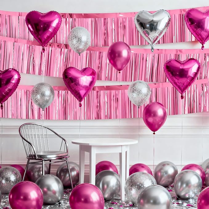 4 Packs Foil Fringe Garland Tinsel Streamers Shiny Wall Hanging Birthday Banner Backdrop for Graduation Wedding Anniversary Celebration Happy Birthday Party Decorations Pink