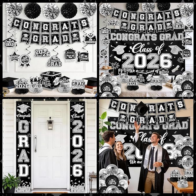 Black and Silver Graduation Decorations 2026 Set, All-in-1 Kit with Congrats Grad Banner Class of 2026 Backdrop Porch Sign Balloons Centerpieces Card Box Pom Poms Streamers for College High School