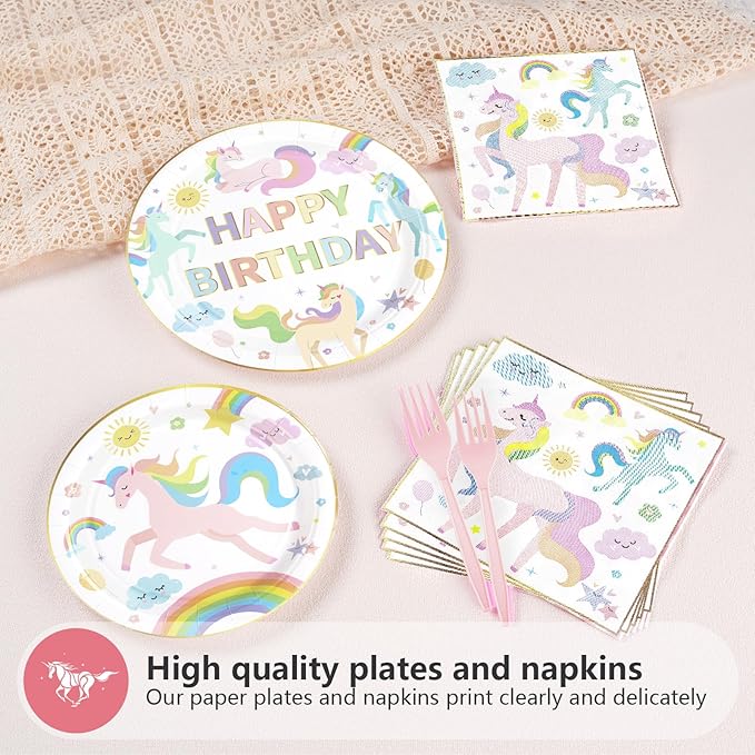 96Pcs Magical Pastel Unicorn Birthday Party Decorations 350 GSM Colorful Rainbow Unicorn Plates and Napkins Tableware Sets for Girls Baby Shower Birthday Party Supplies Serves 24