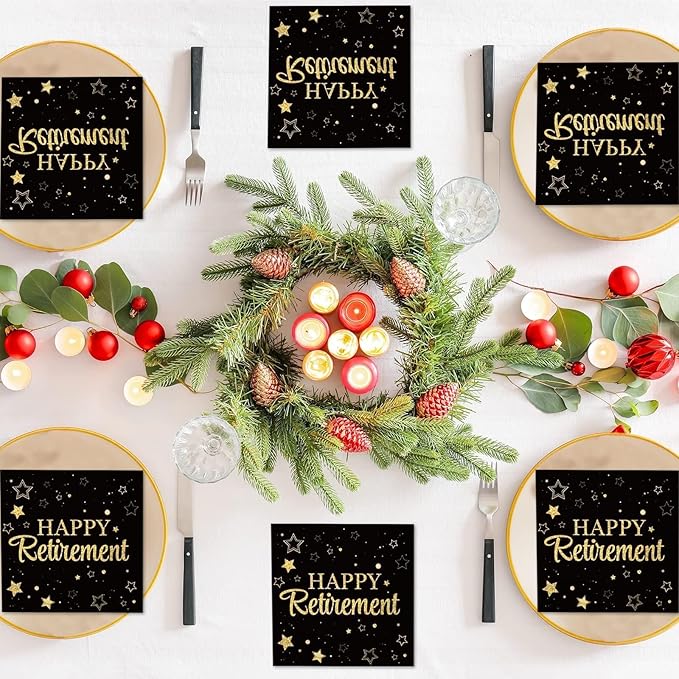 100 Pack Retirement Paper Napkins Retirement Party Decorations Happy Farewell Celebration Graduations Supplies We Will Miss You Napkins for Retired Decor Favors Black Gold Teacher