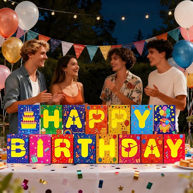 Birthday Decorations,15 PCS Happy Birthday Light-Up Paper Boxes - Reusable Cardboard Party Decor for Kids & Adults, Perfect for Birthday Parties, ndoor & Outdoor Celebrations
