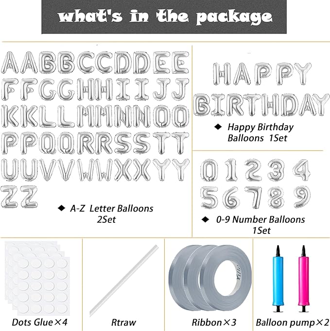 Happy Birthday Balloon Banner Custom Phrase Balloons letter 16 inch Personalized Alphabet Letters Foil Mylar Balloons (Silver)
