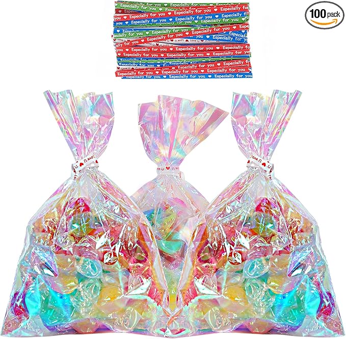 HRX Package 100pcs Small Iridescent Cellophane Treat Bags with Ties, 4x6 inch Holographic Plastic Goody Bags for Candy, Cake Pops, Favors