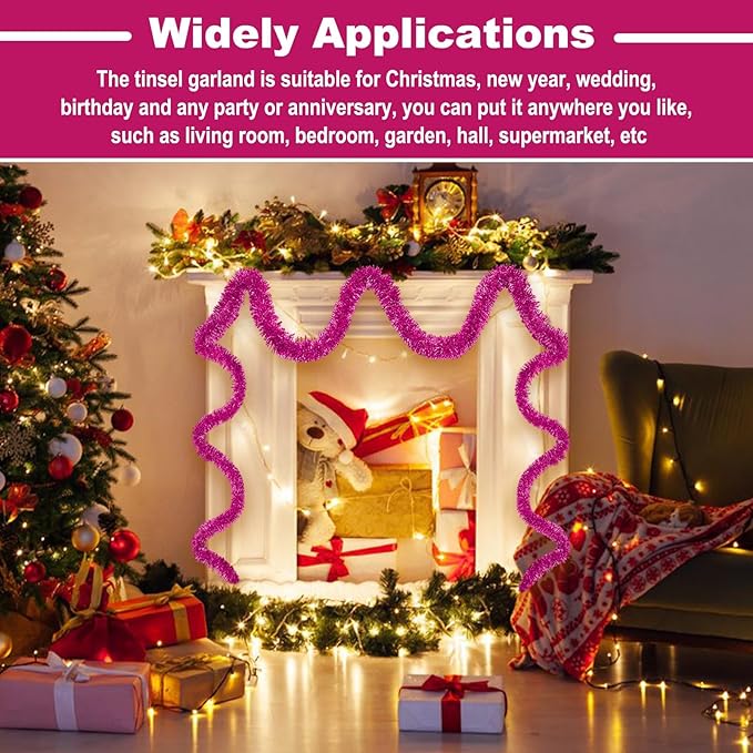 50 Feet Christmas Tinsel Garland, Metallic Twist Garland Wall Hanging Tinsel Garland Backdrop for Parade Floats, Carnival, Birthday, Wedding, New Year Party Decorations (Fuchsia, 2in x 50ft)