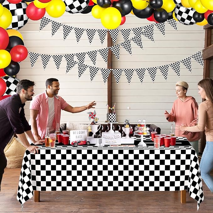 WNINK 2 Pack Race Car Table Cloth Black and White Gingham Tablecloths Disposable Plastic Buffalo Check Tablecloth Checkered Flag Covers for Birthday, Outdoor Picnic, Birthday, Camping 54 × 108 Inch