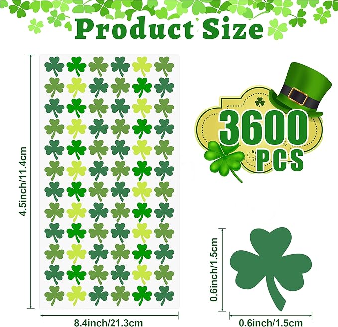 3600 PCS St Patricks Day Stickers Shamrock Stickers Small St. Patrick's Day Sticker for Kids Saint Patricks Day's Green Lucky Clover Self-Adhesive Labels Decor For Irish Party Envelope Cards Gift Bags