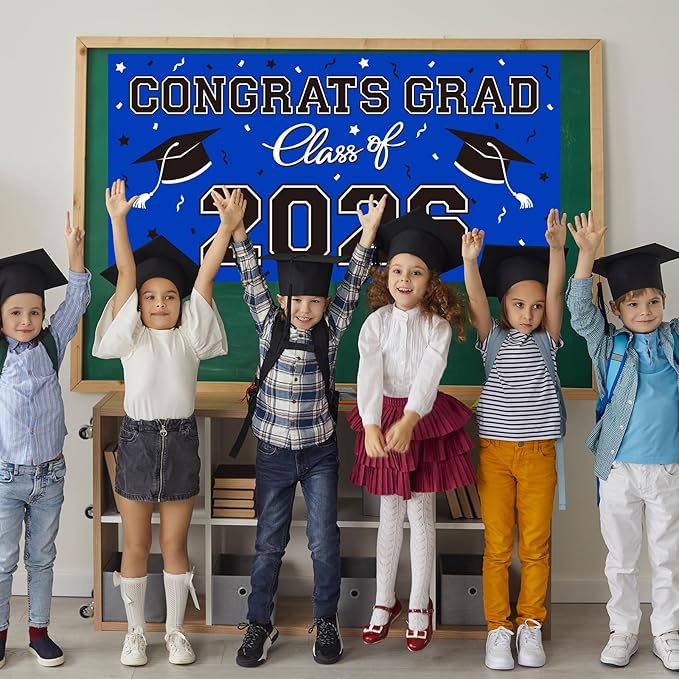 Graduation Party Decorations 2026 Plastic Backdrop - 65" x 32.7" Congrats Grad Banner in Blue, Large Class of 2026 Decorations, Photography & Grad Party Supplies