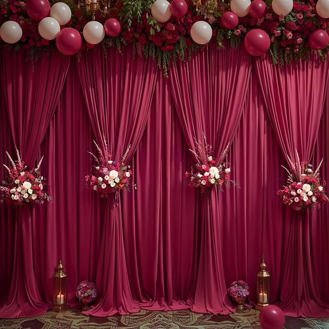 Burgundy Backdrop Curtains 6 Panels - Wrinkle-Free Polyester Photography Drapes for Baby Shower & Birthday Party - 24 X 10FT