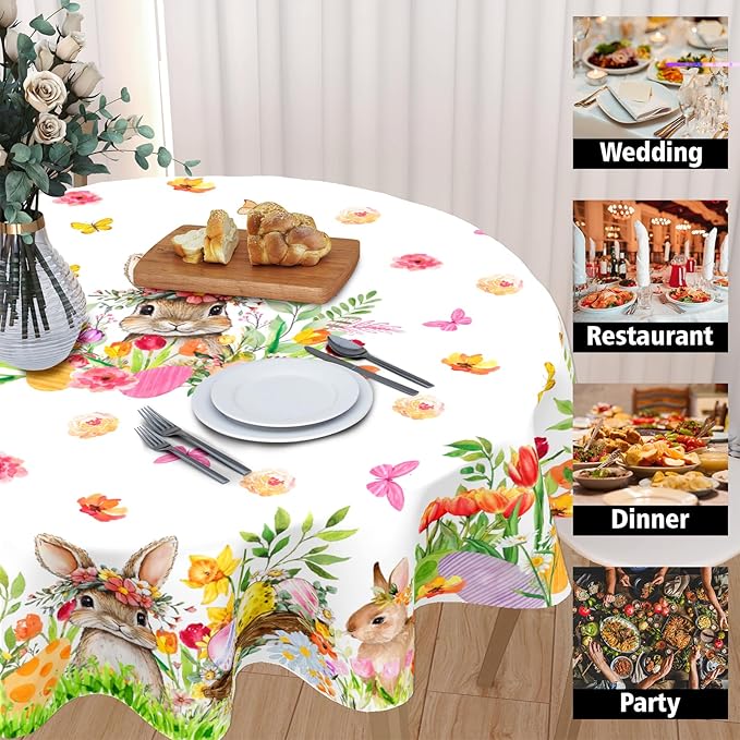 Spring Easter Tablecloth Round 70 Inch Green Bunny Easter Table Cloth Farmhouse Pink Floral Table Cover for Kitchen Dinner Room Holiday Party Indoor Outdoor Home Decor