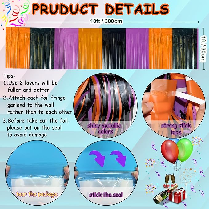 4 Packs 39 Feet Halloween Parade Floats for Trailer Car, Foil Fringe Garland Tinsel Streamers Banner Table Skirts for Halloween Dia De Los Muertos Homecoming BBirthday (Black Orange Purple)