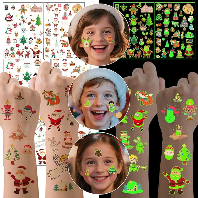 Christmas Party Favors for Kids - 128PCS Luminous Christmas Tattoos Glow in the Dark Goodie Bag Stocking Stuffers, Xmas Temporary Tattoos Party Supplies Decorations for Kids | 4 Sheets (6 x 8.2 inch)