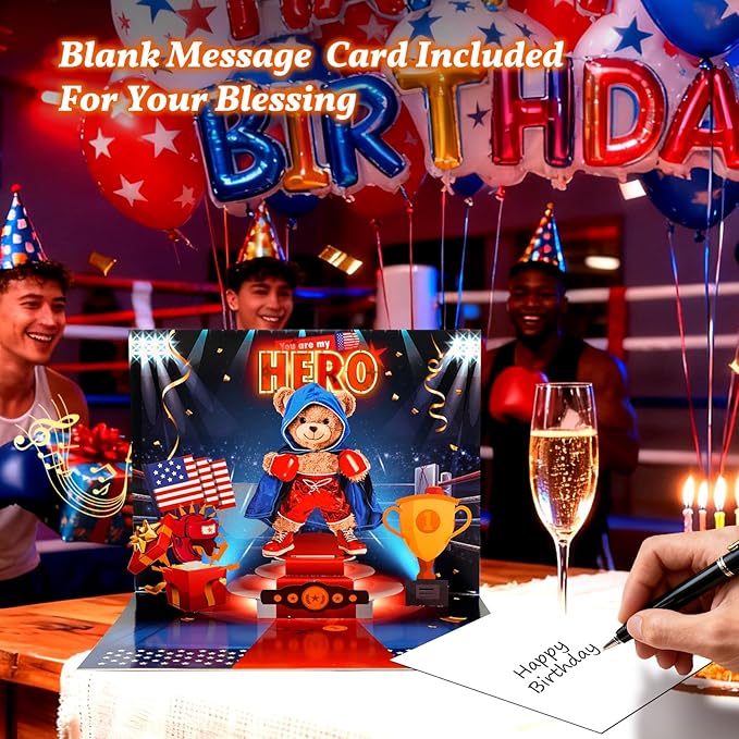 Birthday Cards with Music & Lights, 3D Pop Up Boxing Bear Hero Greeting Card, Unique Birthday Gift For Dad, Son, Father, Kids, Includes Envelope & Message Card