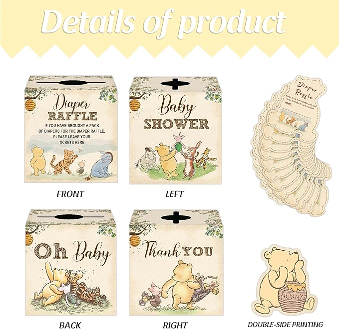 Winnie Baby Shower Decorations, Pooh Party Decorations, The Pooh Baby Shower Games, Winnie Diaper Raffle Box with 50Pcs Cards，Newborn Party Favors Boys and Girls First Birthday Supplies