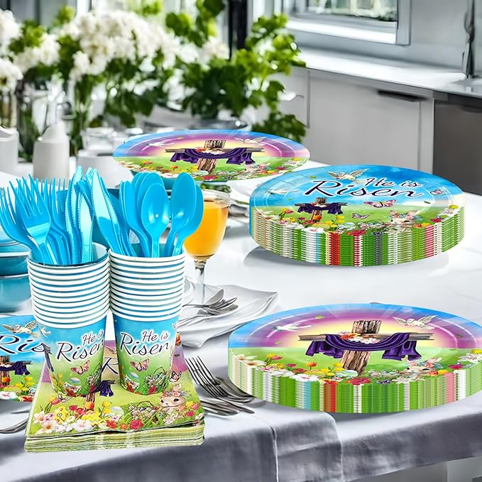 Easter He is Risen Party Tableware Set for 24 Guests Including Dinner Dessert Plates, Lunch Napkins, Cups, Knife, Fork and Spoon for Easter Party Celebration Supplies Decorations