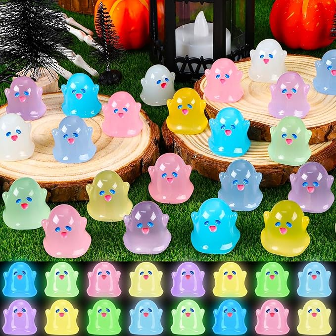 60pcs Halloween Luminous Mini Ghosts Figures 8 Colours Glow in The Dark Miniature Resin Ghost Figurines to Hide Bulk Tiny Small Statue for Halloween Party Favors Micro Garden Dollhouse Decorations