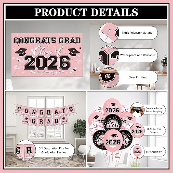 Graduation Decorations 2026 Pink Party Decor Set with Congrats Grad Banner, Class of 2026 Backdrop, Balloons, Box & Streamers Supplies for High School & College Celebrations