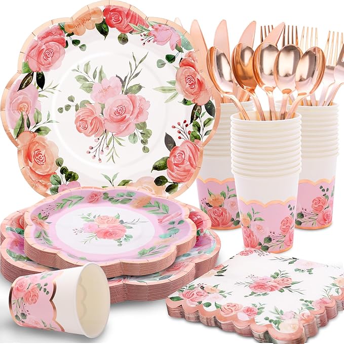 175PCS Tea Party Decorations, Floral Party Supplies, Bridal Shower Paper Plates, Floral Plates and Napkins Sets for Baby Shower, Brial Shower, Wedding, Serves 25 Guest