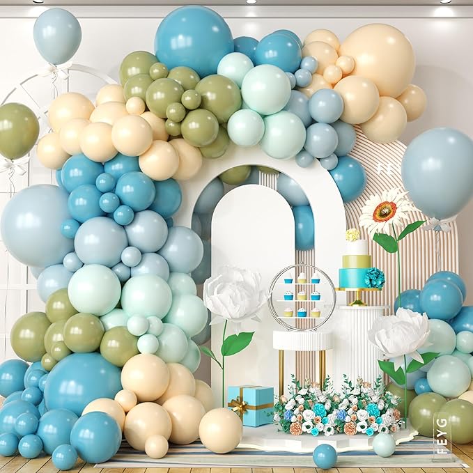 Dusty Green Blue Balloon Arch Kit, Pastel Sage Green Slate Blue Beige Apricot Latex Balloons Garland Kit for Women Men Neutral Birthday Wedding Baby Bridal Shower Jungle Safari Party Decorations