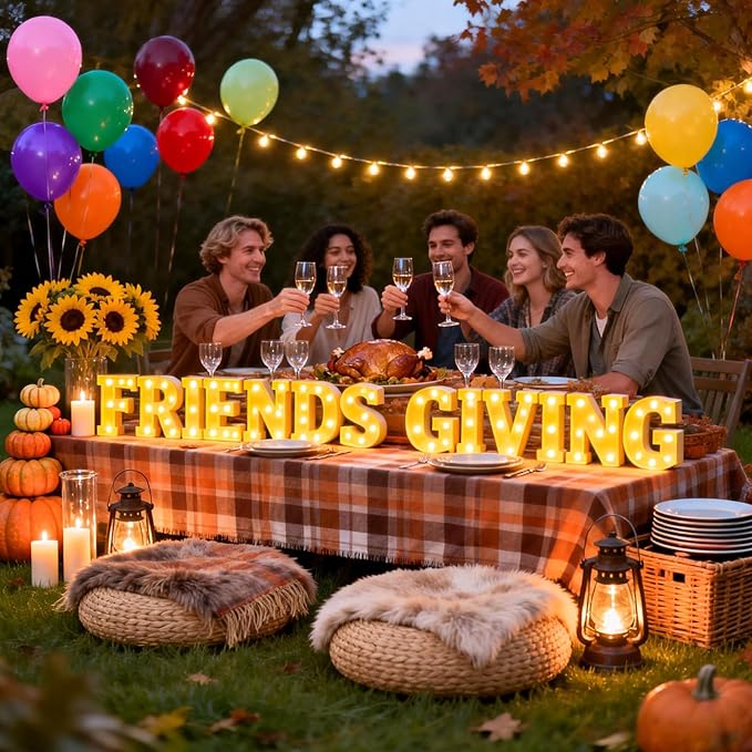 54 Pcs Friends Giving Party Decorations, Light up Letters Sign with 40 Round Pearlescent Balloons, Led Marquee Lights Table Decoration for Friends Themed Party Birthday Galentines Decor Thanksgiving