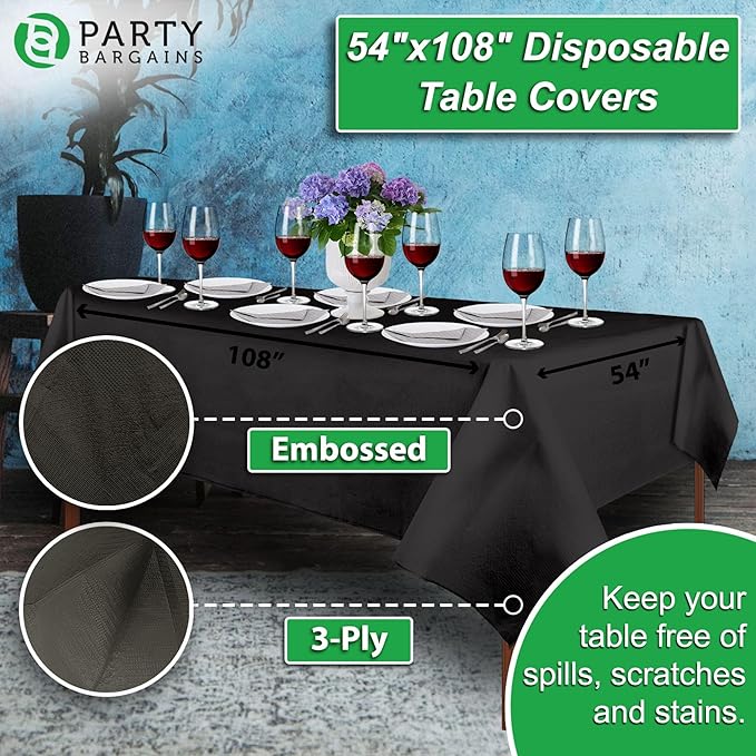 PARTY BARGAINS Disposable Table Covers, 54 x 108 Inch, Black, 3-Ply Paper & Plastic Spill-Resistant Party Tablecloths, 40 Pack