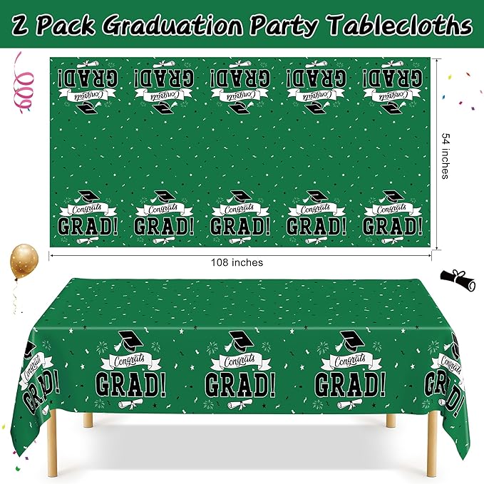 QZYL 2 PCS Graduation Tablecloth, 108" X 54" Green Graduation Table Decorations 2026, Rectangle Table Cloths for Class 2026 Congrats Grad, Disposable Plastic Tablecover for Grad Decor Party Supplies