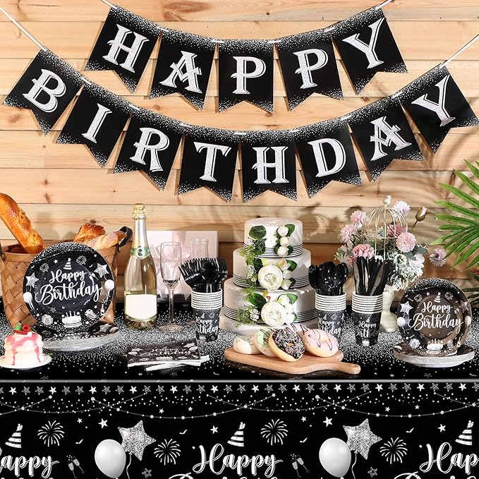 Vesici 171 Pcs Happy Birthday Party Supplies 24 Set Disposable Party Tableware include Plates Cups Napkins Cutlery and Banner Tablecloth Birthday Dinner Decorations for Men Woman(Black, Silver)