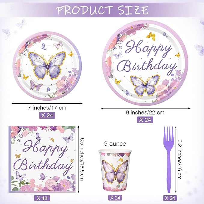 Kochorie 144 Pieces Butterfly Birthday Party Supplies Including Disposable Paper Plates Napkins Cups Forks Serves 24 for Baby Shower Girls Animal Butterfly-themed Party Decorations