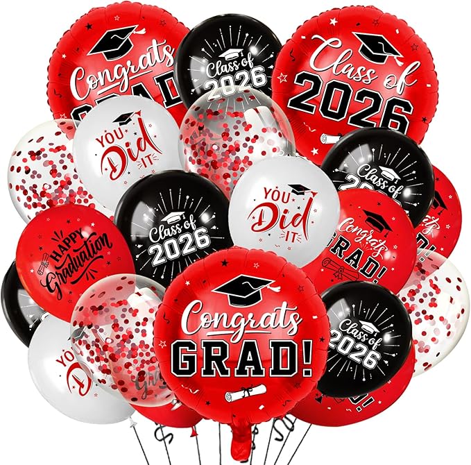 Red and Black Graduation Balloons Graduation Decorations 2026, 51Pcs Grad Latex Balloons and Grad Foil Balloon with Confetti Ribbons Grad Party Decorations for College High School