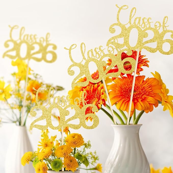 Graduation Decorations Class of 2026, 12 PCS Gold Double-Sided Graduation Centerpieces for Tables, Glitter Table Toppers, Grad Party Decorations