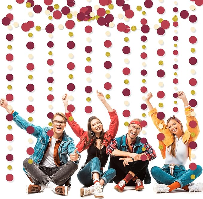 Outus 10 Pieces Maroon,Gold Round Dots Garland Easter Graduation Party Hanging Decor Each Length 13.1ft Glitter Paper Dot Streamers for Birthday Wedding Classroom