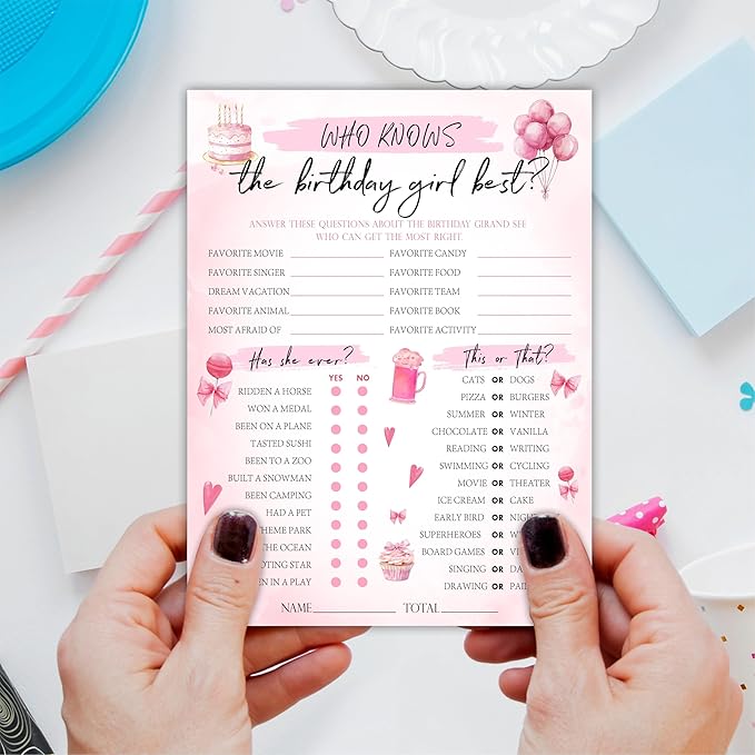 6"X8" Who Knows The Birthday Girl Best - Watercolor Birthday Elements - Funny Double-Sided 3-in-1 Game Card Set For Girls Birthday Party, Sleepover Party Activities, Favor & Supplies (20Pcs)- A09