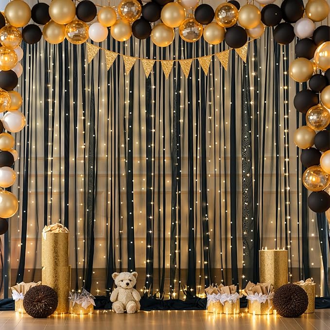10x10ft Black Chiffon Backdrop Curtain with Lights String for Wedding Sheer Tulle Curtain Photo Backdrops Drapes for Baby Shower Birthday Party Home Ceremony Decorations