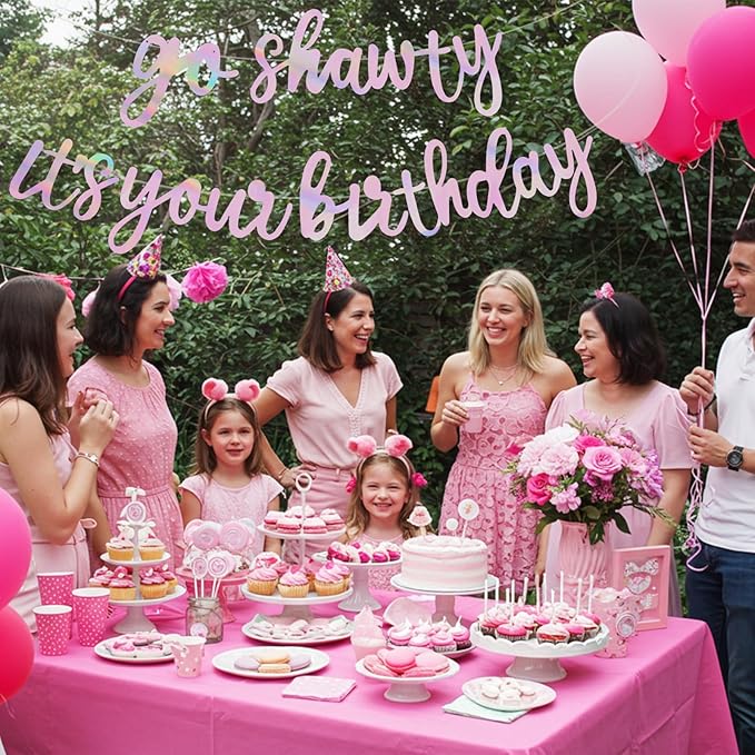 BEISHIDA Go Shawty It's Your Birthday Banner NO DIY Hip Hop Theme Happy Birthday Banner Pre-Strung Rap Theme Happy Birthday Sign for Man Women birthday Party Supply Double-Sided Rainbow Pink