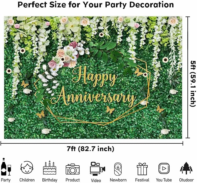 Sensfun Happy Anniversary Backdrop Green Grass Floral Banner Cheers to Wedding Anniversary Party Decorations Marriage Memorial Portrait Photo Booth Background 7x5ft