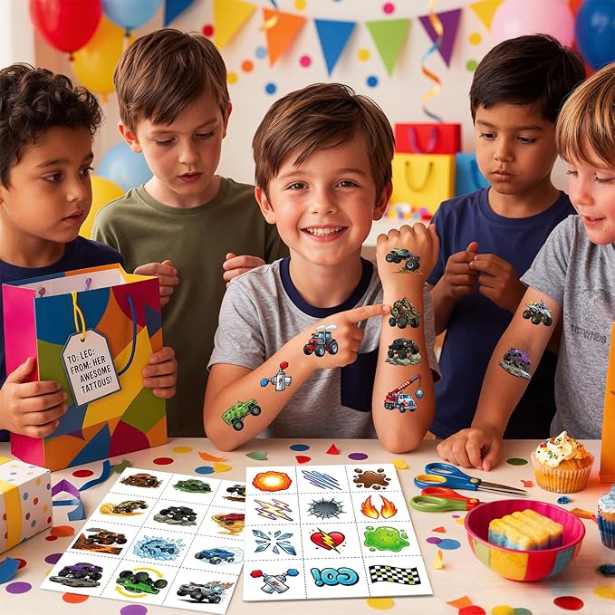 JCFIRE 96 PCS Monster Truck Temporary Tattoos for Kids Boys Age 4-7, Pre-cut Perforated No Scissors Needed, Diggers Construction Car Theme Birthday Party Favors Supplies Decorations Goodie Bag Stuffer