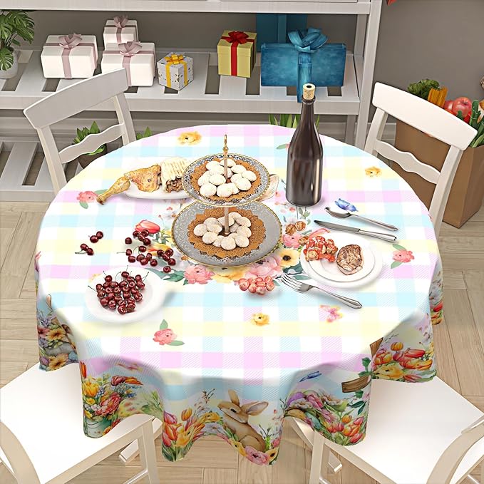 Easter Rabbit Round Tablecloth Pink Blue Pliad Circle Table Cloth 60 Inch Farmhouse Floral Table Cover Washable Polyester Indoor Decorations for Home Kitchen Dinning Party