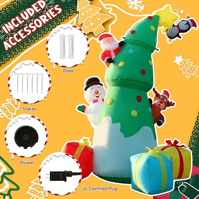 JOYHALO 7FT Inflatable Christmas Tree with Santa Snowman Penguin Reindeer Gift Box, Christmas Inflatables Outdoor Decorations with Bright LED Lights, Christmas Blow Up for Indoor, Lawn, Party Decor